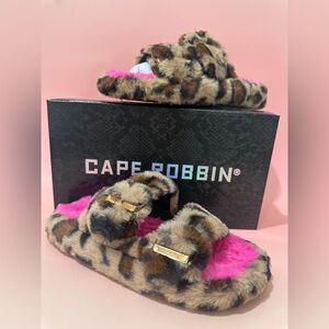 Cape Robbin Leopard Faux Fur Slide Sandals with Gold Buckle and Pink Lining